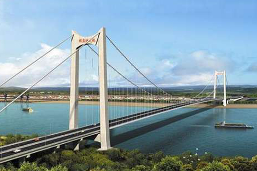 湖北棋盤洲長(zhǎng)江公路大橋?yàn)榈劐^式懸索橋,主跨1038米。.jpg